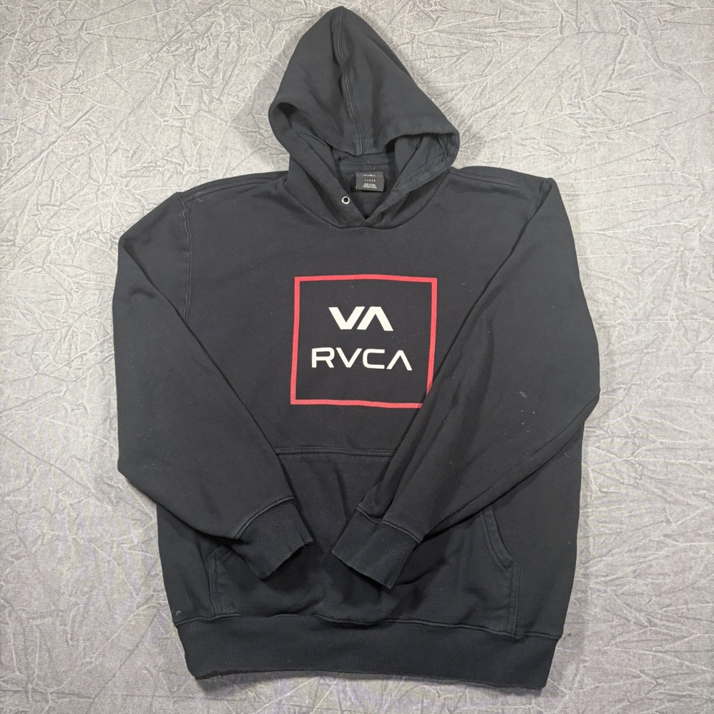 RVCA Hoodie Mens Large Black VA Box Logo Pullover Sweatshirt Streetwear Graphic